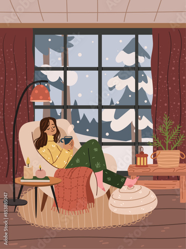 Cartoon happy woman holding glass cup of hot drink, winter landscape outside. Girl sitting in armchair, cozy wintertime rest at home. Girl drinking tea or coffee by window vector illustration