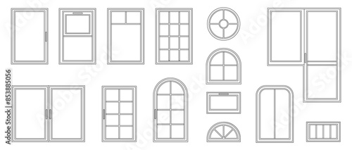 Houses and apartments windows types. Vector isolated set of wooden or plastic frames. Arched and square, balcony and small oval. Exterior and interior design, home renovation architecture set
