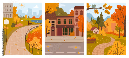 Autumn alley, empty city streets and park ways, yellow leaves in forest. Vector illustration of fall mood, cartoon style. Autumnal city parks road street with red trees outdoor walkway landscape