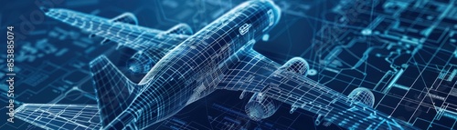 Digital wireframe of an airplane on a futuristic blueprint background illustrating aeronautical engineering concepts and innovation.