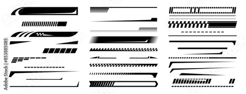 Sports racing stripes. Vector isolated set of sports car, moto, boat stickers, striped vehicle tuning bars. Tuning racing sport decals with copy space and dashes. Modern modification decor
