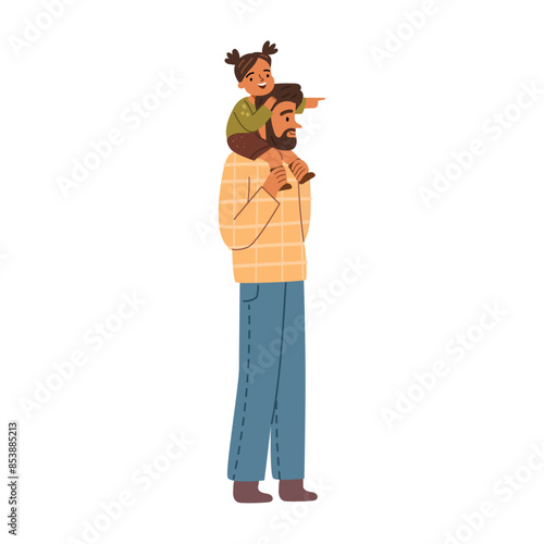 Small daughter sitting on father shoulders, museum visitors flat cartoon people. Vector dad and child having fun together, happy fatherhood and parenthood concept