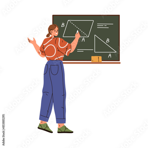 Woman teacher drawing geometric figures on blackboard. Isolated lecturer or tutor teaching students geometry lessons, academic education and studies. Vector cartoon character in flat style