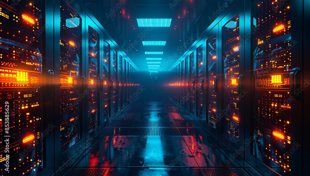 Fototapeta premium servers in a modern data center, in dark blue style
