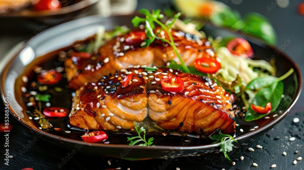 Salmon, salad, and steamed fish for healthy diets like Paleo, keto, and Mediterranean. Asian dish with teriyaki cooked in the oven, gluten-free, and lectin-free Salmon, salad, and steamed fish for healthy diets like Paleo, keto, and Mediterranean. Asian dish with teriyaki cooked in the oven, gluten-free, and lectin-free