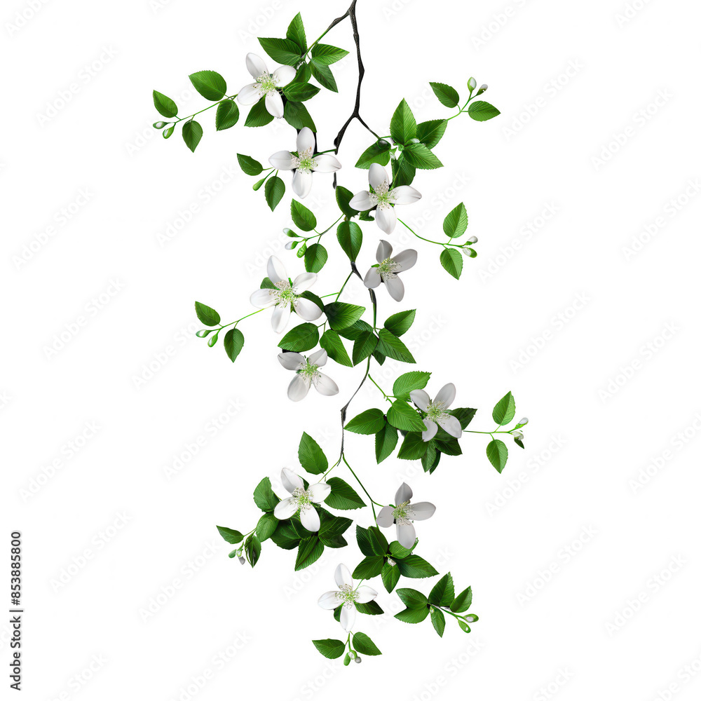 Elegant white flowers and lush green leaves creating a beautiful cascading floral arrangement for decoration or design. Elegant white flowers and lush green leaves creating a beautiful cascading floral arrangement for decoration or design.