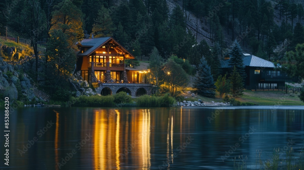 Naklejka premium Beautiful lake house at dusk. Foggy mountain view. Misty morning landscape. Cottage in the woods. Forest rural vacation cabin home.