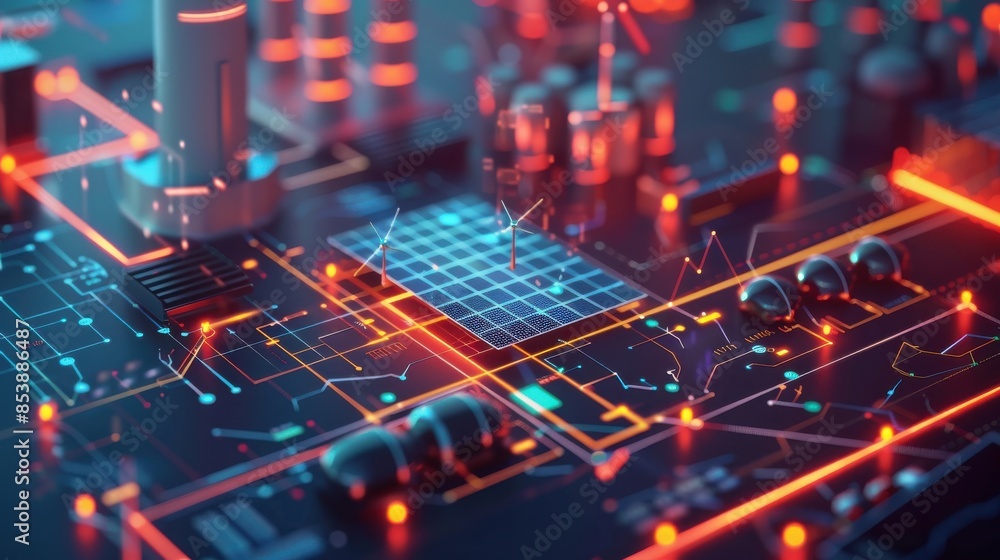 Futuristic circuit board with glowing lines and components, representing advanced technology and digital innovation in electronics. Futuristic circuit board with glowing lines and components, representing advanced technology and digital innovation in electronics.