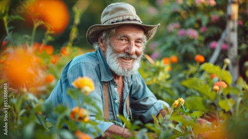 Happy Elderly Man Gardening Among Flowers 