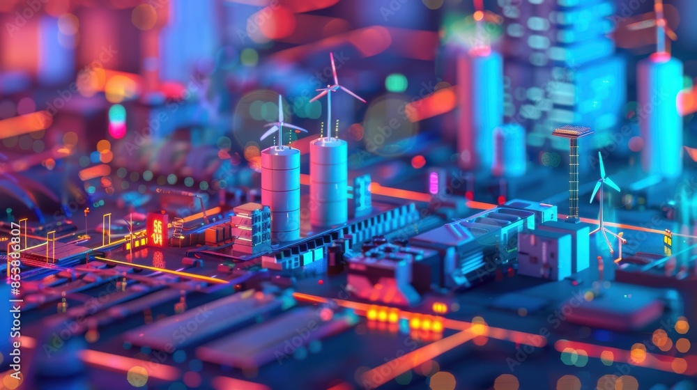 Obraz premium Futuristic city model with neon lights, showcasing renewable energy sources and advanced urban planning.