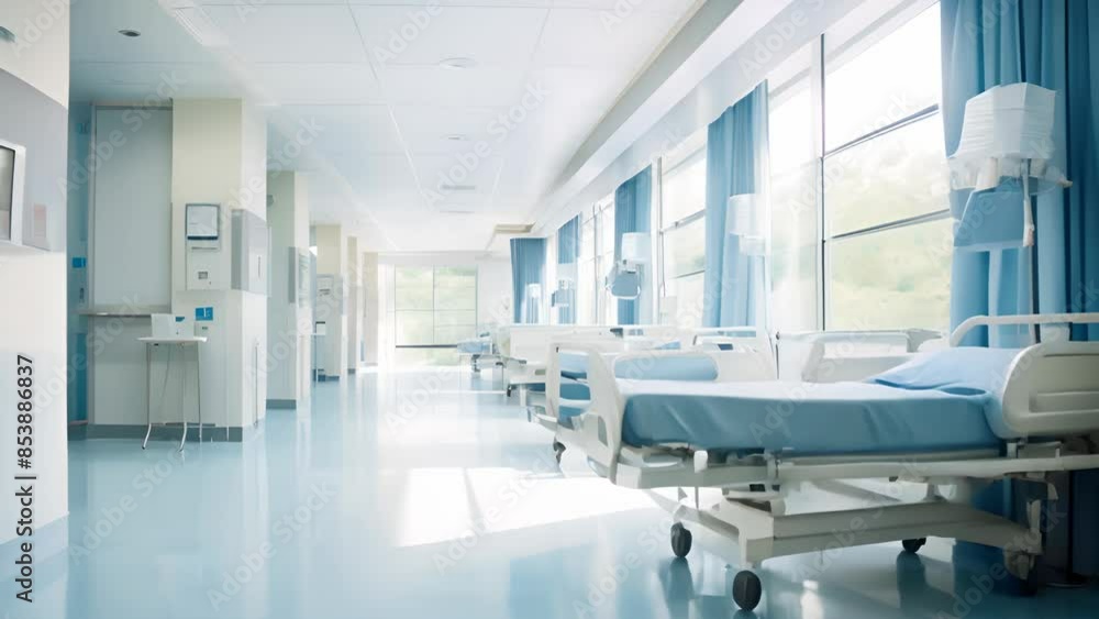 Pristine hospital corridor with surgical gurneys Pristine hospital corridor with surgical gurneys