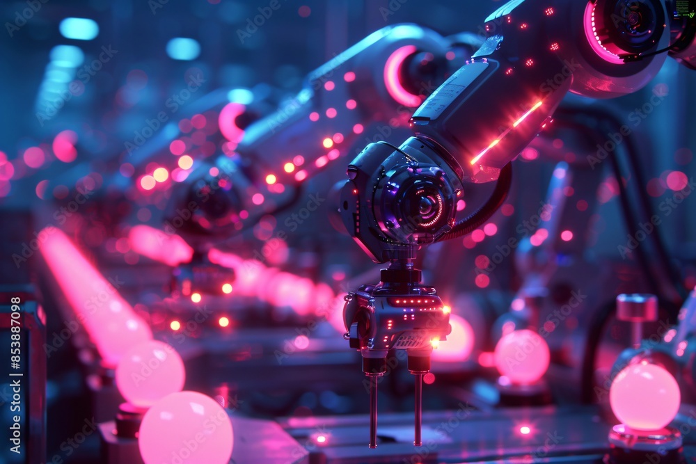 Fototapeta premium Robot close up, pink light background