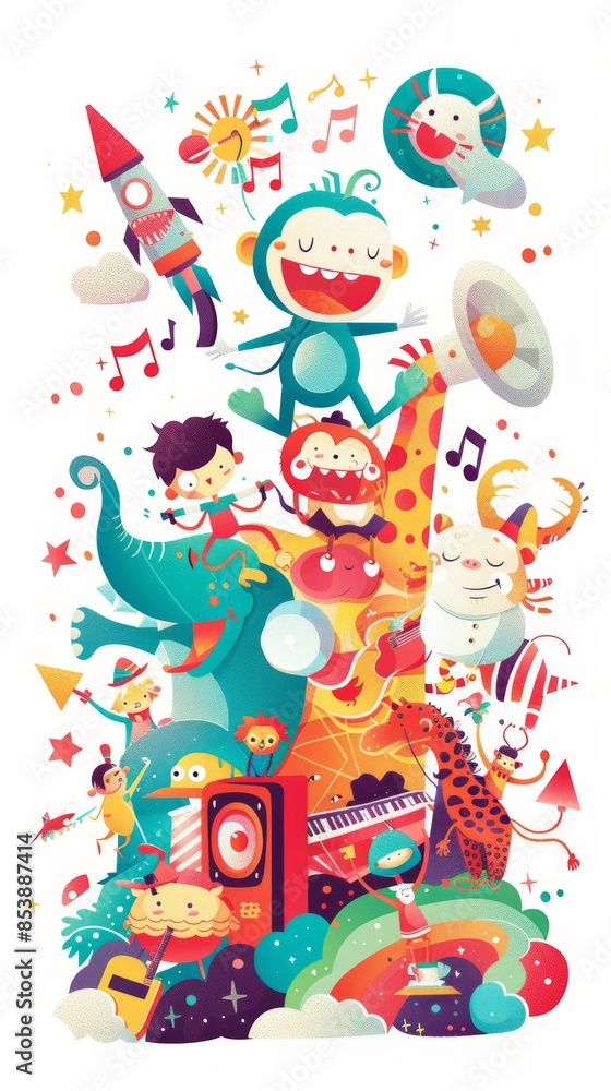 Naklejka premium Music festival graphics, fun music concept, all kinds of animals and monsters playing music and enjoying the music.