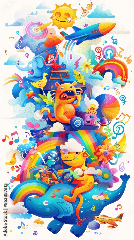 Fototapeta premium Music festival graphics, fun music concept, all kinds of animals and monsters playing music and enjoying the music.