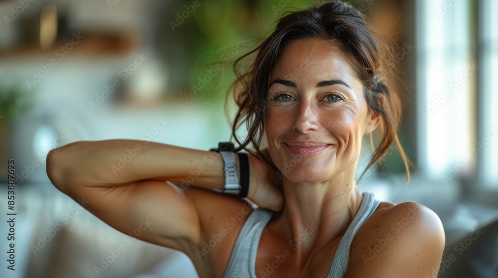 Studio Portrait of Fit 45 year old latina woman wearing an elbow sleeve is a breathable sleeve worn on the arm, sleeveless t-shirt, full-body, subtle smile, stretching in a clean modern living room Studio Portrait of Fit 45 year old latina woman wearing an elbow sleeve is a breathable sleeve worn on the arm, sleeveless t-shirt, full-body, subtle smile, stretching in a clean modern living room