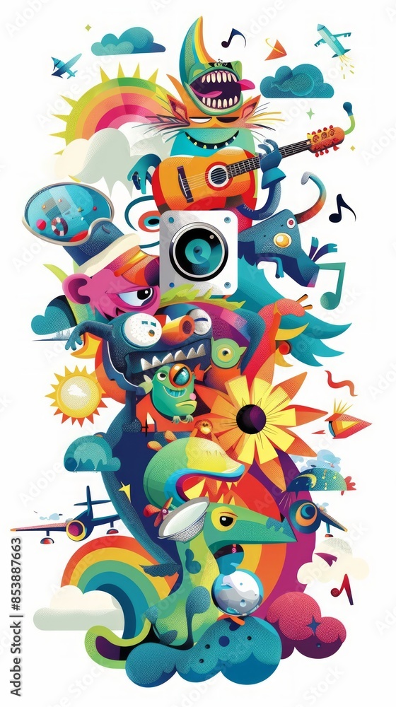 Music festival graphics, fun music concept, all kinds of animals and monsters playing music and enjoying the music. Music festival graphics, fun music concept, all kinds of animals and monsters playing music and enjoying the music.