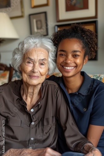 2 females. One of them is an older Caucasian woman with short gray hair, wearing a new dark brown shirt, and is 100 years old. The other is a smiling 40-year-old black African American woman wearing a