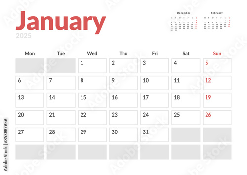 Monthly page Calendar Planner Template of January 2025. Vector layout of calendar with week start Monday for Scheduling. Page for size A4 or 21x29.7 cm