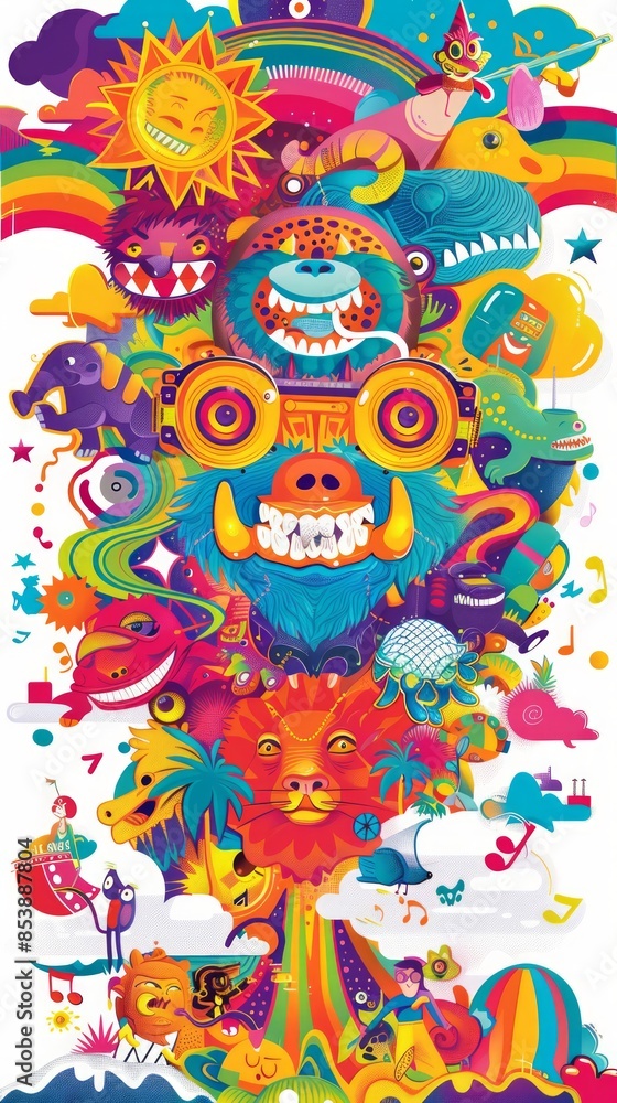 Music festival graphics, fun music concept, all kinds of animals and monsters playing music and enjoying the music. Music festival graphics, fun music concept, all kinds of animals and monsters playing music and enjoying the music.