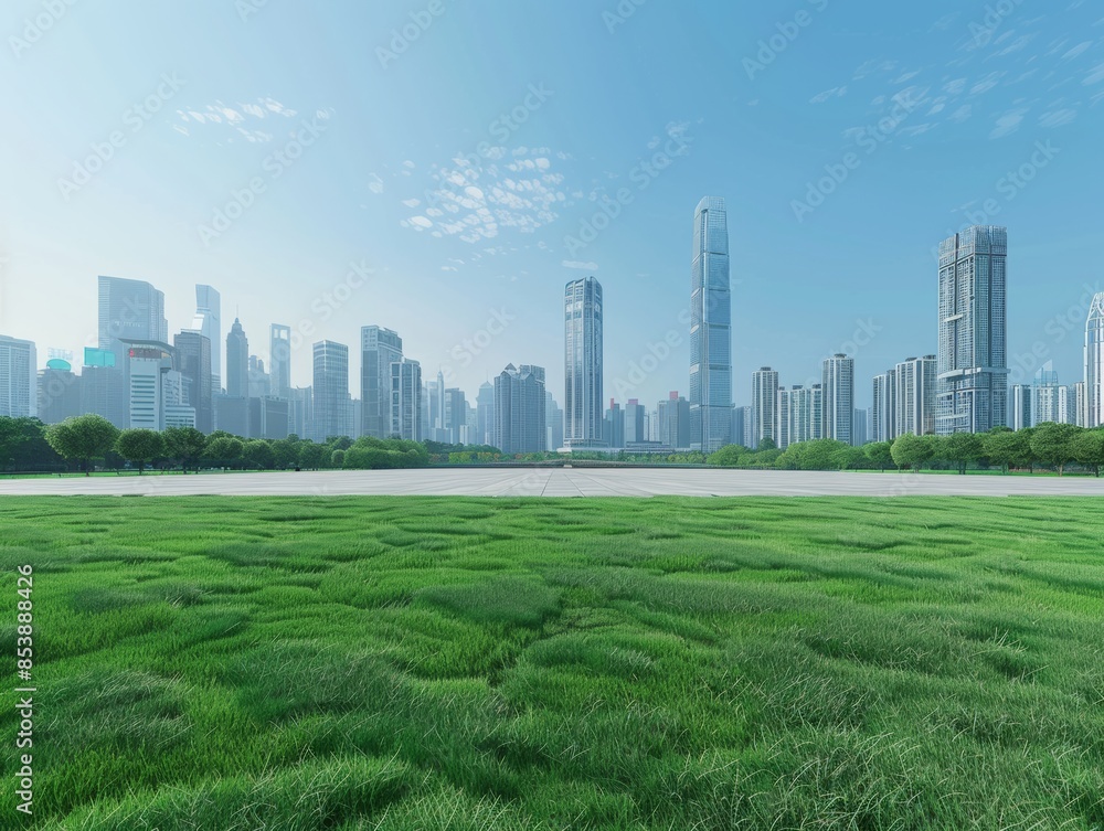 Beautiful green grass on the square, with skyline buildings in Shenzhen behind it Beautiful green grass on the square, with skyline buildings in Shenzhen behind it