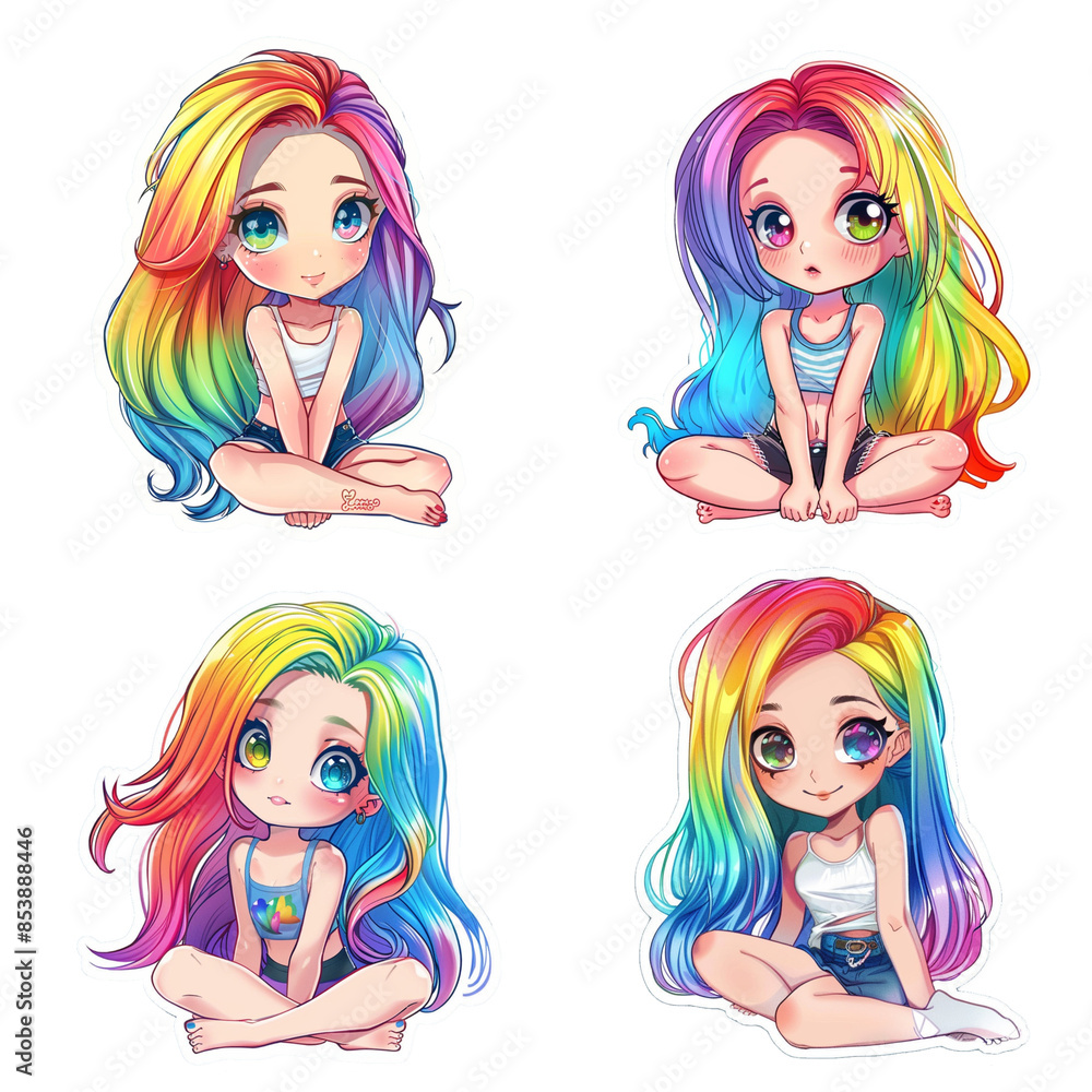 Cute Chibi teen girl with the rainbow hair, stickers Cute Chibi teen girl with the rainbow hair, stickers