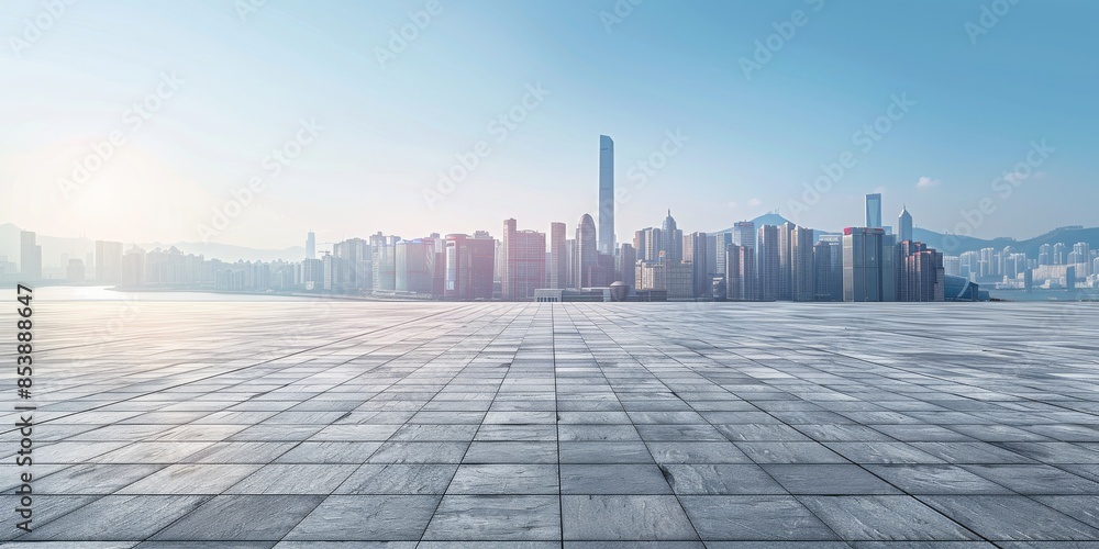 Empty concrete floor with a city skyline background, a clear sky and sun in the blue sky, a 3D rendering illustration, a detailed illustration, a high resolution, professional photograph Empty concrete floor with a city skyline background, a clear sky and sun in the blue sky, a 3D rendering illustration, a detailed illustration, a high resolution, professional photograph