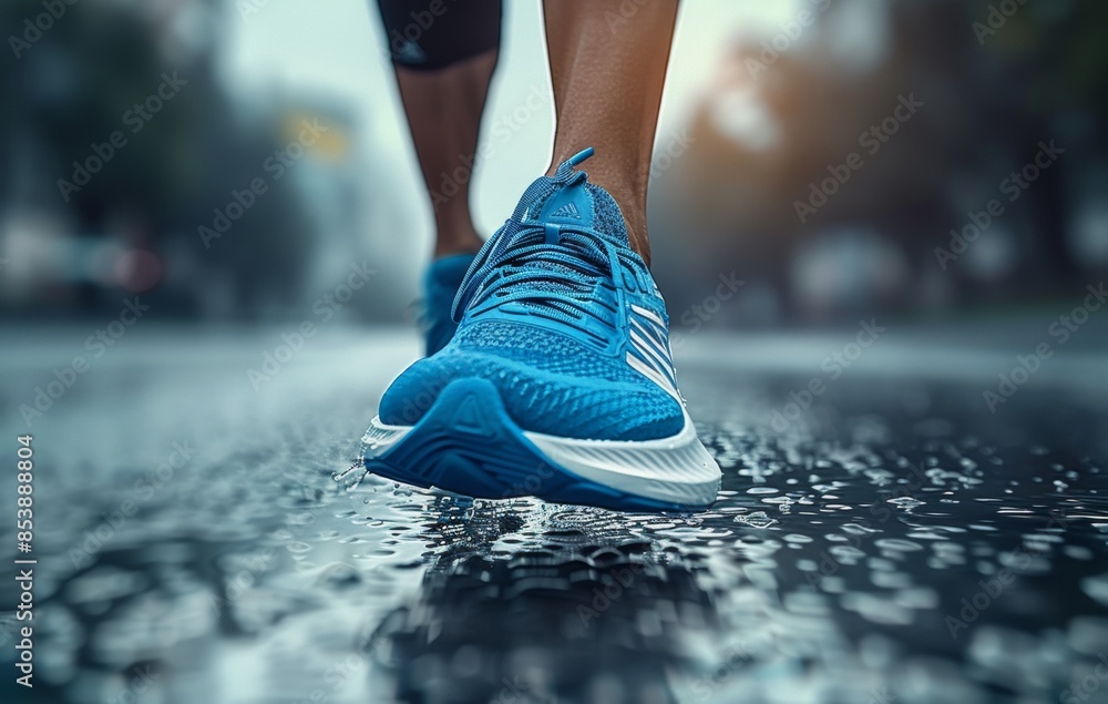 Φωτογραφία close-up of the legs of a person running, he has blue running shoes