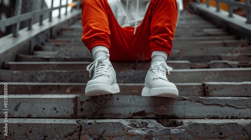 Person sitting on metal stairs with white shoes