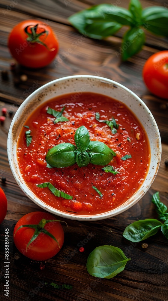white bowl with tomato paste, aerial view, shaded by a rustic wooden table white bowl with tomato paste, aerial view, shaded by a rustic wooden table
