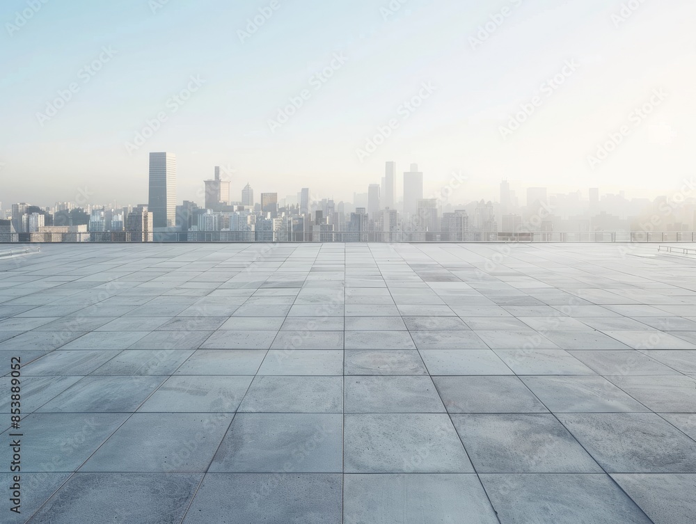 Empty square floor with city skyline background, panoramic view Empty square floor with city skyline background, panoramic view