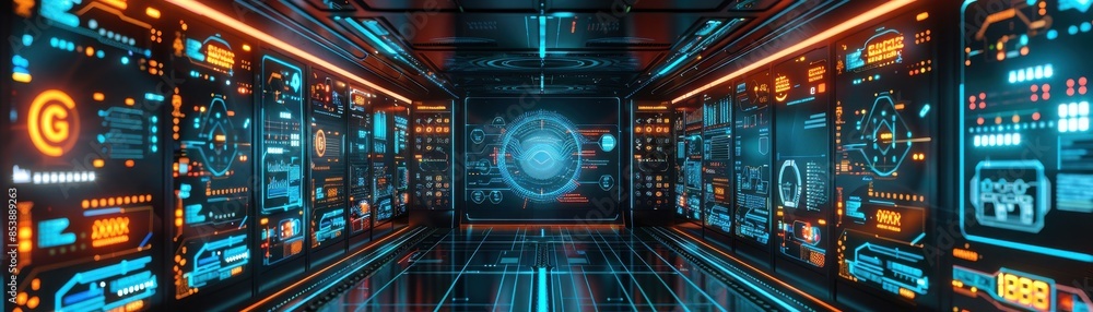 Futuristic control room with digital screens, holographic displays, and a high-tech interface for advanced technological operations. Futuristic control room with digital screens, holographic displays, and a high-tech interface for advanced technological operations.