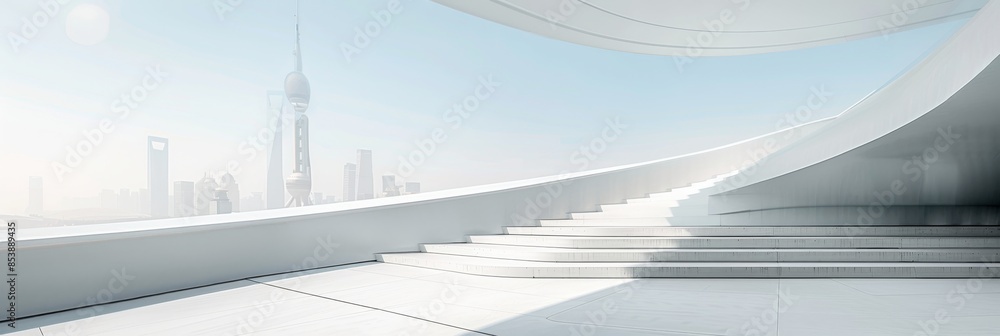 White curved background, with the distant skyline of Guangzhou in black and white style, with light gray stairs leading to it White curved background, with the distant skyline of Guangzhou in black and white style, with light gray stairs leading to it
