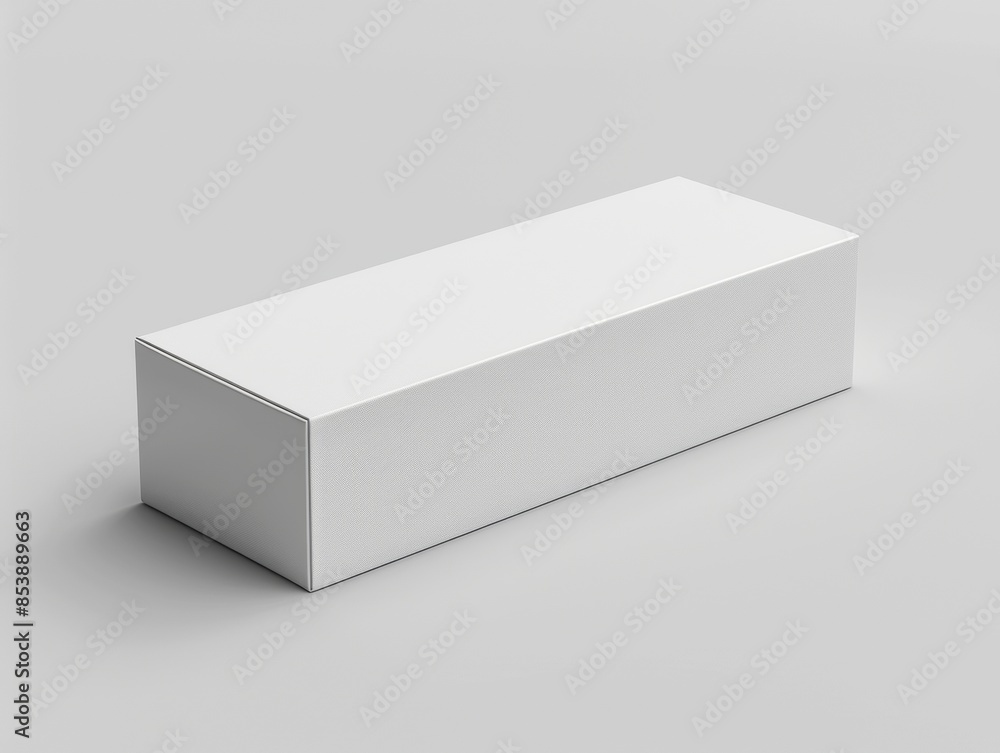 The packaging mockup box is white, made of thick cardboard, rectangular in shape, narrow and long horizontally. The packaging mockup box is white, made of thick cardboard, rectangular in shape, narrow and long horizontally.