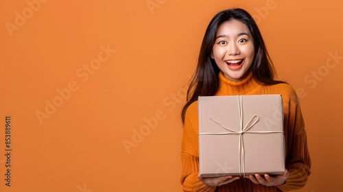 Excited Asian Woman with Festive Gift Box Celebrating Special Occasion