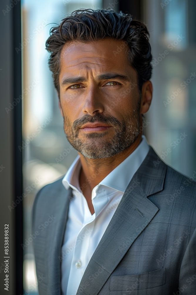 attractive CEO with dark hair. He is wearing a nice suit or shirt and no tie, standing near a large window in a high-rise office and looking into the camera. attractive CEO with dark hair. He is wearing a nice suit or shirt and no tie, standing near a large window in a high-rise office and looking into the camera.