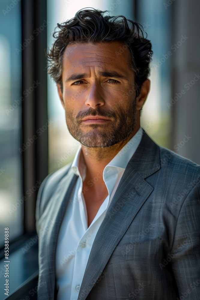 attractive CEO with dark hair. He is wearing a nice suit or shirt and no tie, standing near a large window in a high-rise office and looking into the camera. attractive CEO with dark hair. He is wearing a nice suit or shirt and no tie, standing near a large window in a high-rise office and looking into the camera.