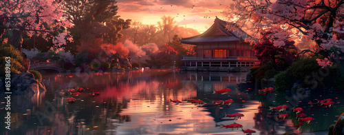 Oriental landscape with traditional building close to river and cloudy mountains in time of blossom Neural network Colorful Autumn Pagoda Temple in Enchanting Surroundings . © sumia