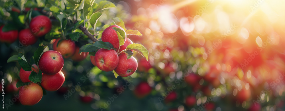 Ripe apples growing on a branch with green leaves in the garden. Sunny day. Bokeh effect. AI generative Ripe apples growing on a branch with green leaves in the garden. Sunny day. Bokeh effect. AI generative