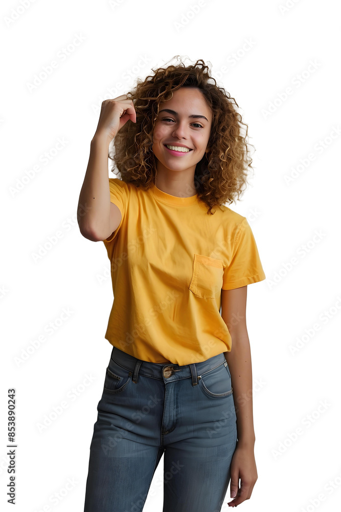 Content woman casually dressed confidently smiles at the camera Content woman casually dressed confidently smiles at the camera