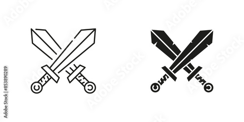 Swords crossed vector icons. Battle sword crossed icon outline and flat.