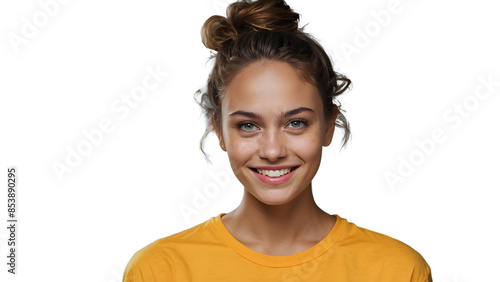 Content  woman casually dressed confidently smiles at the camera