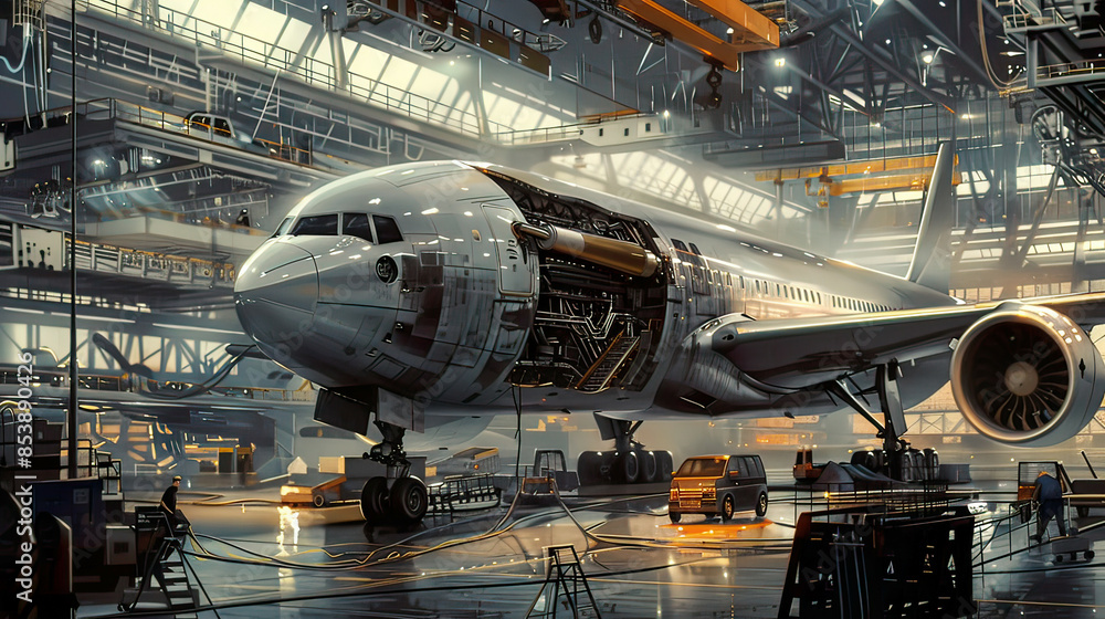 Hyper-realistic view of a passenger aircraft undergoing engine and fuselage repair intricate details of the maintenance process airport hangar Hyper-realistic view of a passenger aircraft undergoing engine and fuselage repair intricate details of the maintenance process airport hangar