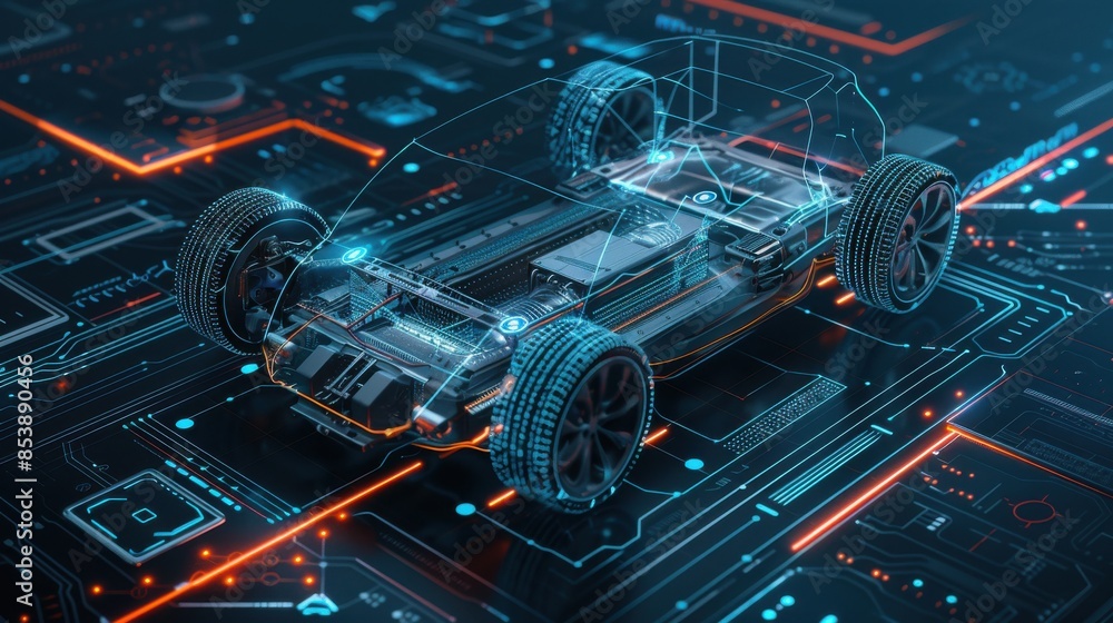 Futuristic digital blueprint of an electric car, showcasing advanced automotive technology and innovation in a high-tech environment. Futuristic digital blueprint of an electric car, showcasing advanced automotive technology and innovation in a high-tech environment.