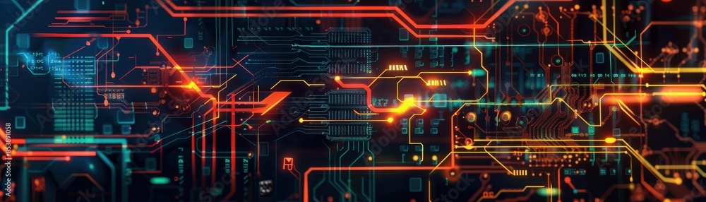 Obraz premium Futuristic digital circuit board with vibrant neon colors representing technology and innovation. Ideal for tech-related projects and backgrounds.