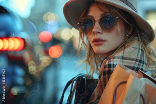 Woman in hat and sunglasses holding shopping bags