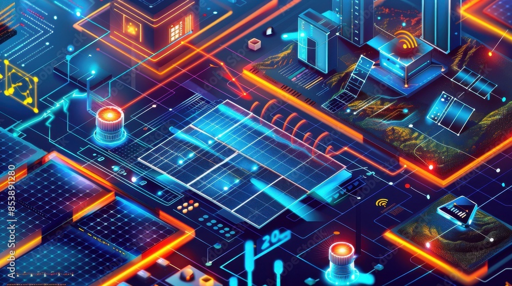 Fototapeta premium Futuristic digital cityscape with neon lights and circuit board streets, illustrating advanced technology, innovation, and connectivity.