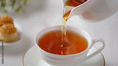 Close-Up Tea Pouring from Classic Teapot into Elegant Cup