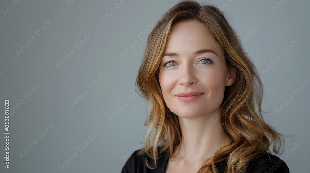 Naklejka premium Serene and Confident European Woman Smiling in Studio Portrait