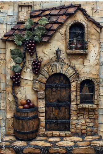 A 3D model of a rustic stone cottage with a wooden door and a grapevine