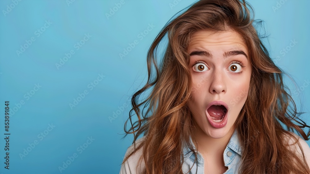 Shocked Redhead Woman Gazing with Amazed Expression on Blue Studio Background Shocked Redhead Woman Gazing with Amazed Expression on Blue Studio Background
